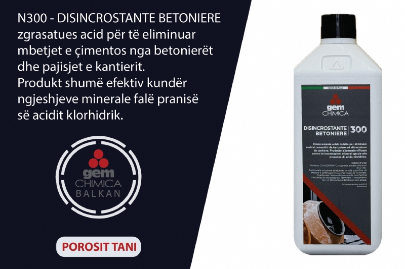 Detergjent per betoniere N300 DISINCROSTANTE BETONIERE nga Gem Chimica Balkan, zgrasatues acid per betoniere, pastrues per mbetje cimentoje, detergjent per pajisje kantieri, pastrues profesional per betoniere, detergjent acid per cimento